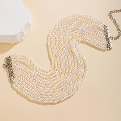Octwine Boho Round Imitation Pearl Large Layered Choker Necklace Multi Strands Vintage Choker 1920s Bridal Wedding Christmas Vintage Shiny Necklace for Women (Silver 2)4