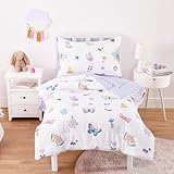 Wake In Cloud - Butterfly Toddler Bedding Set for Girls, Cute Colorful Butterfly with Floral Flowers, 4 Pieces Soft Crib Bed Set Including Comforter, Sheets and Pillowcase, White Purple