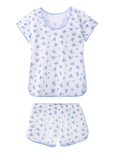 Image of Hilinker Women Striped Pajama Set Short Sleeve Top with Shorts Sleepwear Pjs 2 Piece Lounge Sets