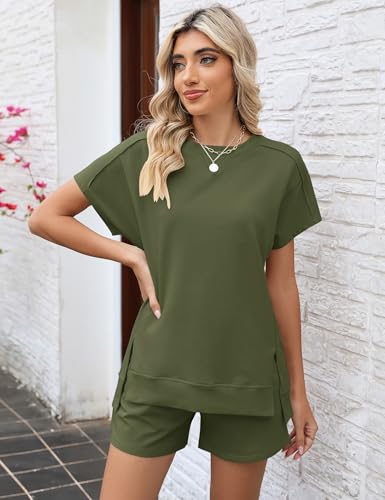 Image of LOMON Womens Fashion 2 Piece Outfits Sweatsuits 2026 Summer Short Sleeve Loungewear Tracksuit Round Neck Lounge Shorts Sets