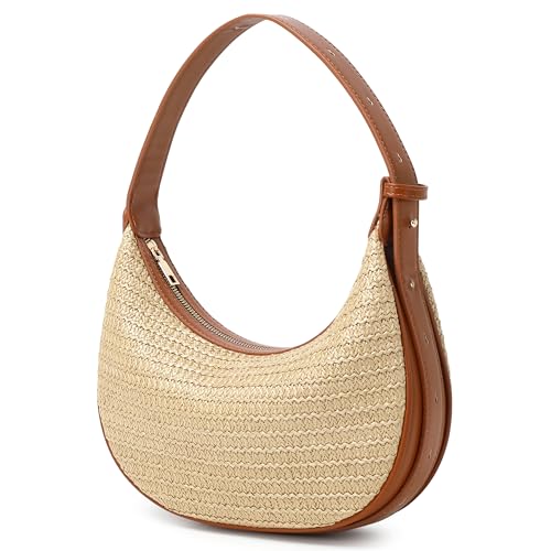 Women's Small Handmade Woven Straw Summer Beach Crescent Hobo Tote Crossbody Bag with Adjustable Strap3