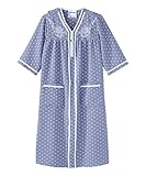 Women's Open Back Adaptive Nightgown with Quarter-Zip Front - No Peek Hospital Gown for Seniors - Blue Polka Dot LGE
