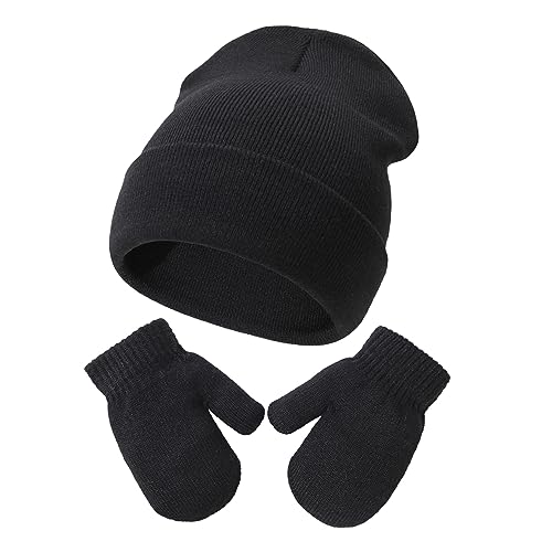Image of Baby Beanie Hat Gloves Set, Kids Winter Warm Knit Hat with glvoes,Toddler Soft Beanie for Little Boys Little Girls Children