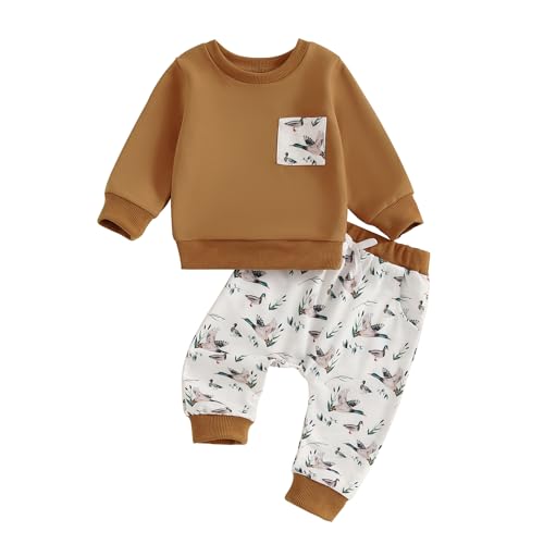 Image of KMBANGI Toddler Baby Boy Hunting Outfit Mallard Duck Long Sleeve Sweatshirt Casual Jogger Pants 2Pcs Baby Fall Winter Clothes