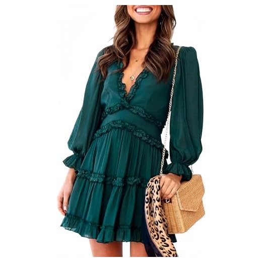 Dokotoo Womens Cute Spring Summer Sexy Deep V Neck Ruffle Chiffon Lantern Long Sleeve Elegant Boho Hawaiian Flowy Mini Short Skirt Dresses for Women Party Casual Fall 2021 Green Medium