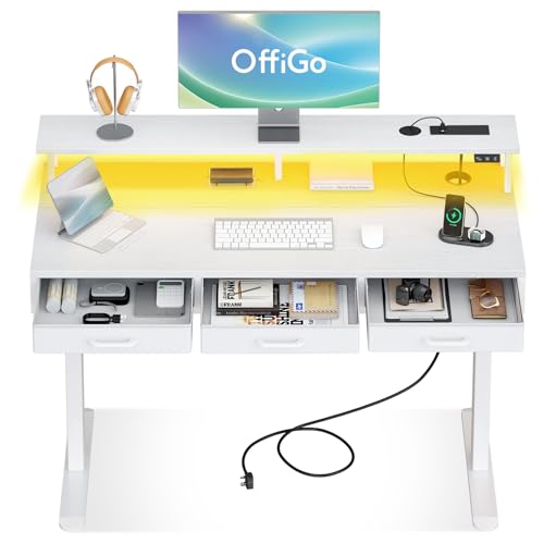 OffiGo Electric Standing Desk 120 x 54cm Height Adjustable Desk with 3 Drawers RGB LED Strip & Charging Station for Home Office Computer Workstation Computer Table with Monitor Stand White