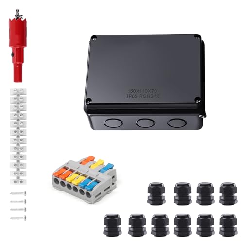 PARFCO Scatola Derivazione, IP65 Impermeabile Scatola di Derivazione Esterna, 150 x 110 x 70, Con Terminali, Connettori, Viti, Taglierino, per Cavi Ø 6-12 mm