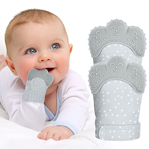 Vicloon Baby Beißhandschuhe,2 Stück Handschuhe Beißring Spielzeug,BPA Frei,Beruhigen Sie wundes Zahnfleisch, Stimulierung Zahnen Handschuhe für 0-6 Monate Baby-Graue Punkte
