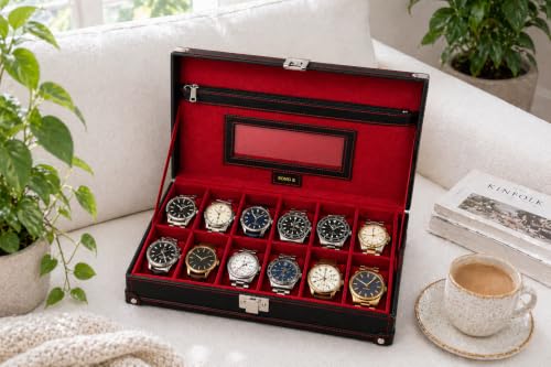 Image of BOXXO 12 Slot Watch Organizer Box for Men & Women - Premium PU Leather Watch Case with Black & Brown Finish, Soft Velvet Cushions & Glass Lid Display, Elegant Storage Box (34x20x8 cm) (Black /Red)