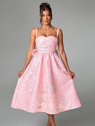 Jacquard Satin Prom Dresses Bow Back for Women Sweetheart Tea Length A Line Formal Party Gown2