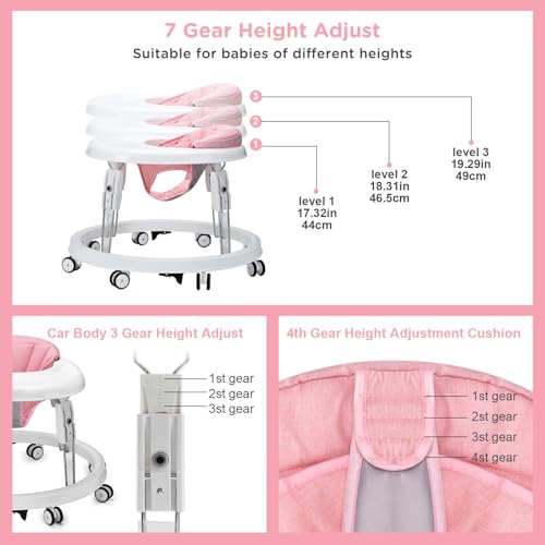 Image of Baby Walker with Wheels, One-Touch Folding Baby Walkers with Height Adjustment, Large Dinner Plate and Brake, Portable Walker for Baby Boy Girls 6-18 Months, Light Pink