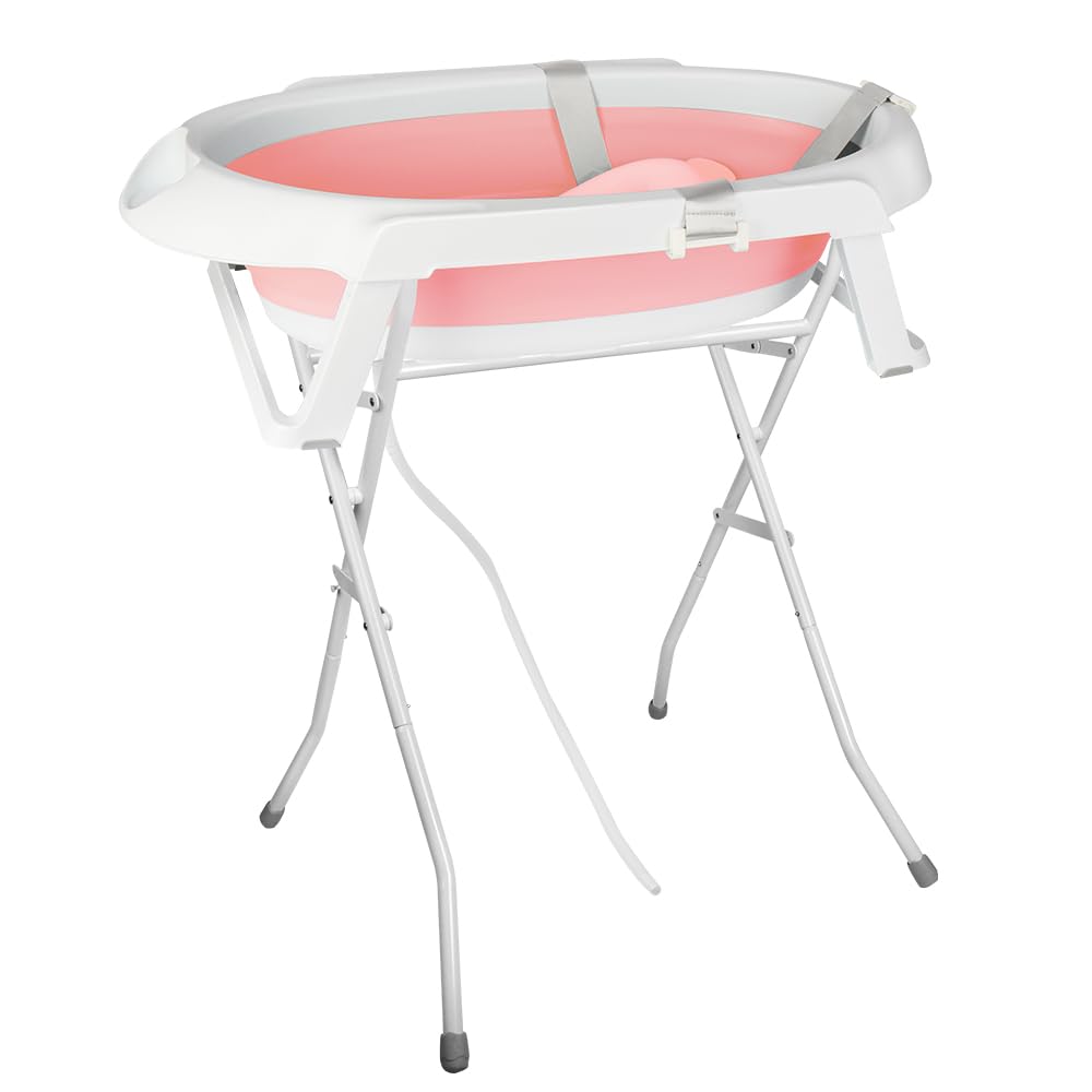 Babywanne mit Ständer Faltbare Baby Badewanne Set mit Gestell - Tragbare Rutschfeste Wanne für Neugeborene bis 3 Monate - Stützkissen inklusive-66 * 61 * 82cm – rosa