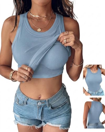 Image of CHICME Women Built-in Bra Tank Tops Sleeveless Casual Shirts Racerback Ribbed Fitted Tank Tops