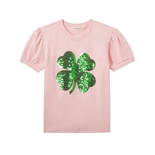 Image of Girls' St. Patrick's Day T-Shirt, Pink with Green Sequin Shamrock, Short Sleeve