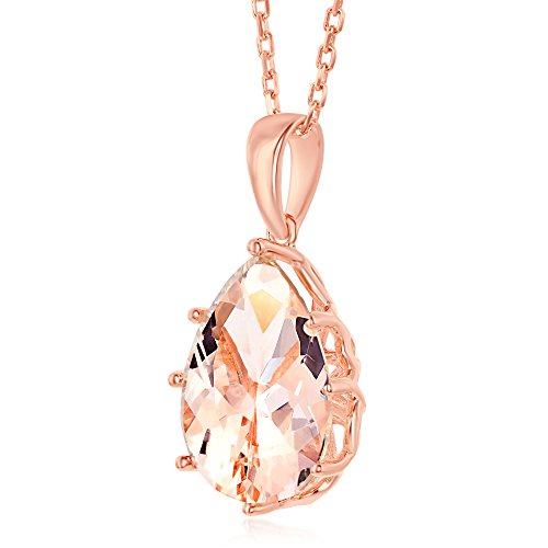 Morganite Cubic Zirconia 8mm Pear-Shaped/Round Halo Rose Gold Plated Sterling Silver Pendant 18’’ Necklace Jewelry for Women or Teens2