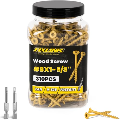 Image of Wood Screws 1-5 /8 Inch, FIXLINK Deck Screws #8 x 1-5 /8 inch, 310 PCS, Epoxy Coated, T25 Star Bit Above 1500 Hour Salt Spray Coating Outdoor Decking Screws Excellent Rust Resistant for Wood Fence, Tan