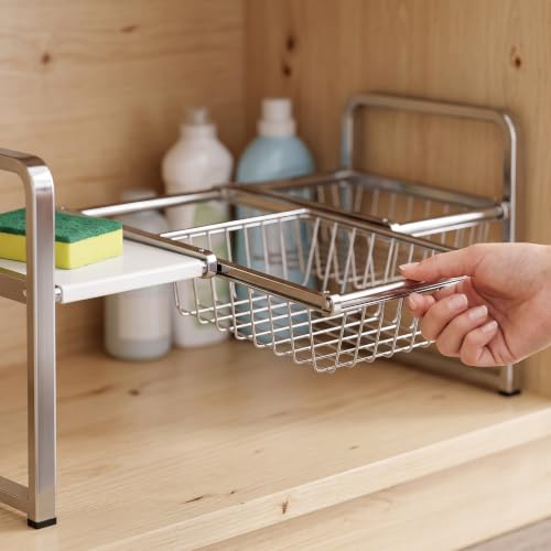 Organizador ajustable para debajo del fregadero, estante metálico independiente para almacenamiento en cocina y organizador para mueble inferior miniatura 7