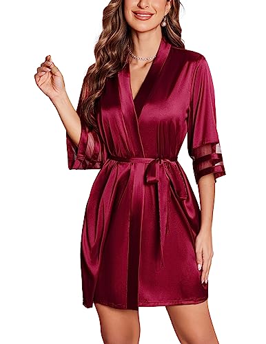 Image of Ekouaer Women's Satin Robe Silk Kimono Bathrobe Bridesmaid Wedding Bridal Party Robes 3 /4 Bell Sleeve Sleepwear S-XXL