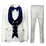pbyoulna Men's Paisley Jacquard Tuxedo, One Button Shawl Lapel 3 Piece Suit, White Party Wedding Jacket Vest Pants & Bow tie Set, Dark Royal Blue L