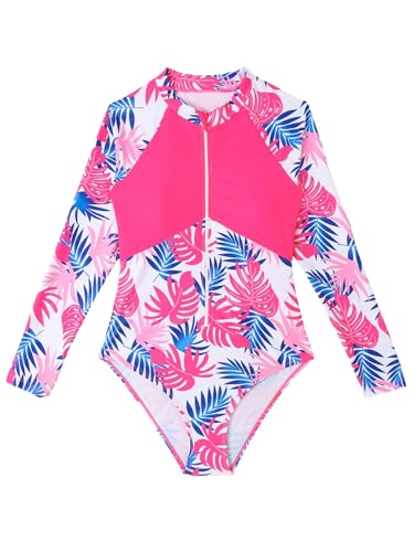 Image of WDIRARA Girl's Tropical Print Zipper Front One Piece Swimsuit High Neck Long Sleeve Swimwear