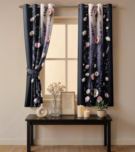 Image of Ultimate Trends Room Darkening Digital Printed 3D Prints Curtain 65-70% Opacity,Diamond Eyelets, Tie Back, Floral Decorated, 8 FEET Pack of 1,Deep Blue