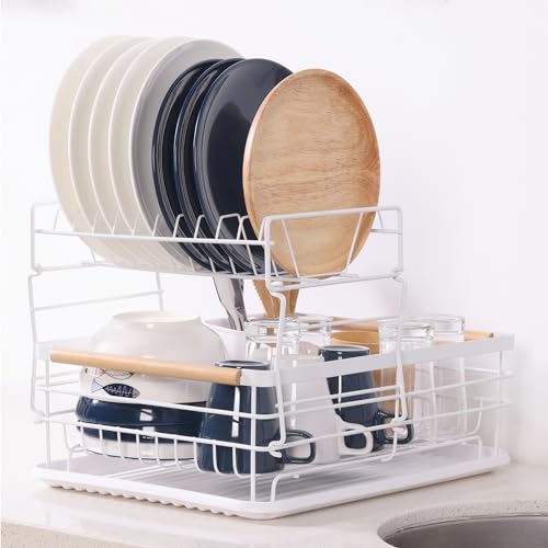 Navaris Escurreplatos Grande con Bandeja - Escurridor de Platos de Cocina Doble con cesto para Cubiertos - Cesta para secar Tazas Vasos ollas Copas Plato - 43 x 32 x 29 cm - Blanco
