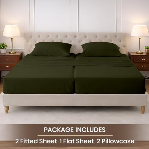 Image of SGI Split King Sheet Set for Adjustable Bed Egyptian Premium Cotton 600 Thread Count Sheets for Sleep Number Bed 15 inch Deep Pocket 5 Pc Set with 2 Twin XL Fitted Sheets Soft Breathable - Olive Green