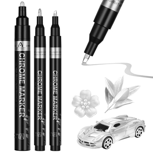 AUAUY Marcadores Metálicos Cromados, 3 Piezas Acrílicos, 3 Tamaños de Punta, Brillo Reflectante, para Reparación y Pintura de Modelos en Metal (Plata)