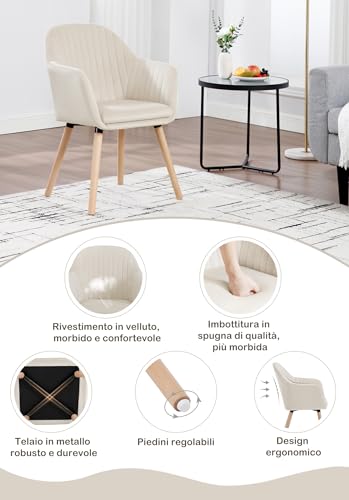 Set di 2 Sedie per Sala da Pranzo con Schienale Braccioli Poltrona Imbottita Gambe in Legno Seduta in Tessuto Velluto Crema BH95cm-2 - Sedia gaming - Immagine 4