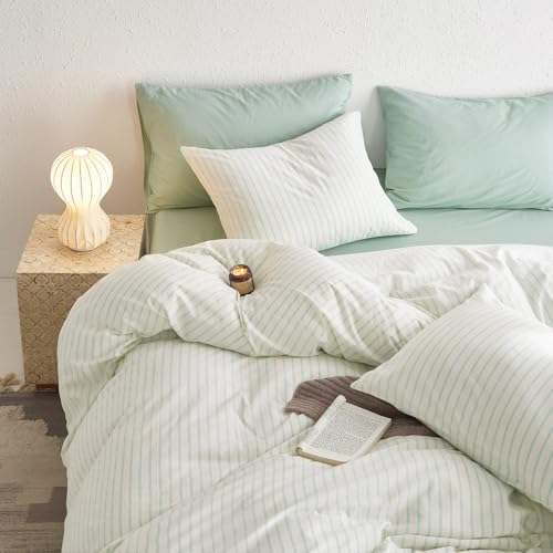 Wake In Cloud - Striped Cotton Duvet Cover Set, Ticking Stripe Vertical Pinstripe Farmhouse, 100% Washed Cotton Textured Percale Bedding Set, 3 Pieces, Aqua White, Queen Size