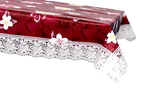 Image of The Furnishing Tree Waterproof PVC Rectangle Shaped 2 Seater Table Cover WxL 45x70 inches Floral Pattern Red with White Border lace