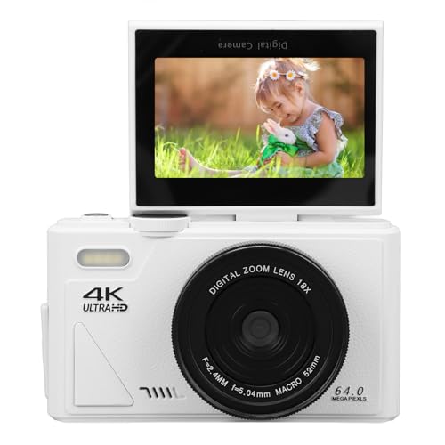 Hamwesh Cámara Digital 4k, 64MP HD Autofocus 18X Cámara Digital con Zoom para Fotografía, de Vlogging con Pantalla Abatible de 3 Pulgadas WiFi Time Lapse para Principiantes Entusiastas de la (White)