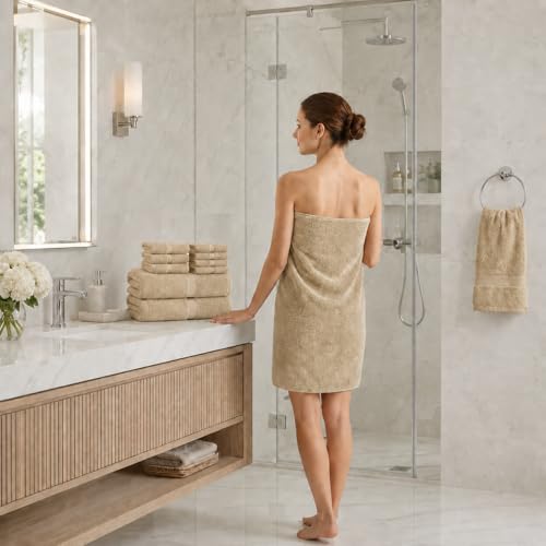 Image of Sulfar 100% Combed Cotton, 8 Pcs Towel Set - 2 Bath Towels (70 x 140 cm), 2 Hand Towels (40 x 70 cm) and 4 Face Towel (30 x 30 cm) (600 GSM, Pack of 8) Bleach Sand