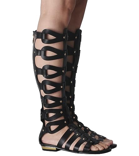 Image of Hanfike Knee High Sandals for Women Gladiator Cut Out Summer Roman Boots