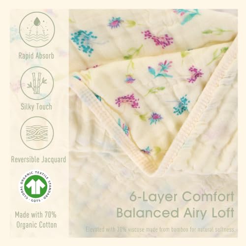 Image of Muslin Baby Hooded Towel, Wildflower Floral, 32 inchx32 inch | 70% Organic Cotton & 30% Viscose from Bamboo, 6-Layer Fabric, Soft for Bath & Beach, Eco Kraft Gift Box