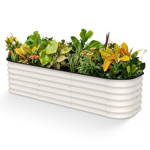 YUHANG Cama Elevada de Jardín,Jardineras Exterior,Ovalada,para Plantas de Exterior,Flores y Hierbas,Sin Fondo,con Geotextil y Drenaje,150 x 60 x 43cm,Blanco