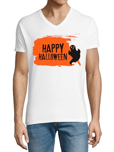 T-shirt col en V coton homme blanc vêtement automne imprimé