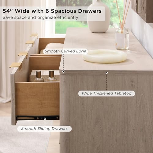 Image of T4TREAM Fluted 6 Drawers Dresser, 54 inch Wide Modern Chest of Drawers, Curved Profile Design, Dresser TV Stand, Wood Drawer Organizer for Bedroom, Living Room, Hallway, White Alder