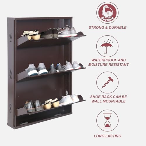 Image of Metal Shoe Rack Wall Mounted for Home with Central Locking | 3 Door 28 inch Wall Mounted Metal 9 Pair Shoe Rack Cabinet | Pre-Assembled Rack Shelves | 3 Year Warranty (Brown)