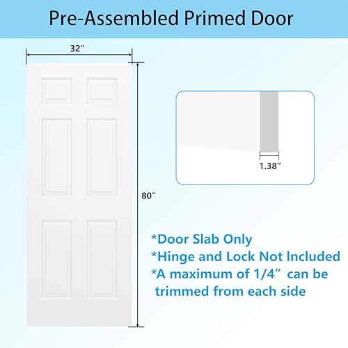 Image of JUBEST 32 inchx80 inch Raised 6-Panel Textured White Primed Hollow Core Interior Molded Door Slab, NOT Pre-drilled and NOT Included Hardware, Paintable Interior Door for Pantry, Laundry, Office