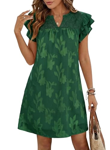 Image of Dokotoo Womens Summer Dresses 2026 Ruffle Short Sleeve Casual V Neck Smocked Floral Burnout Mini Dress Sundress