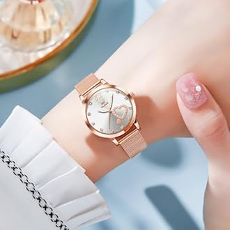OLEVS Ladies Watches Rose Gold Stainless Steel Mesh Strap Heart Diamond Fashion Dress Japanese Quartz Waterproof Luminous Bracelet Sets (White)