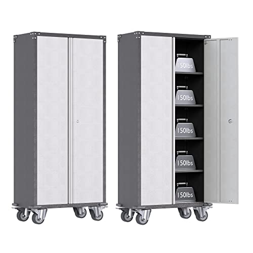 Suxxan Metal Storage Cabinet With Wheels, Rolling Garage Storage Cabinets With 4 Adjustable Shelves, Broom Closet Storage Cabinet & Locking Cabinet 71" H #TOP12