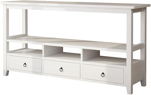 DESIGNSCAPE3D Mesa consola vintage con cajones y estantes, MDF y patas de madera maciza, 57.9 pulgadas de profundidad x 14.2 pulgadas de ancho x