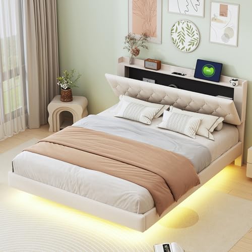 Polsterbett 160x200 cm mit LED-Beleuchtung und Aufladen USB, Doppelbett mit Stauraum Kopfteil und Lattenrost, Jugendbett Stauraumbett Bettgestell, Leinen, ohne Matratze (Beige, 160x200 cm)