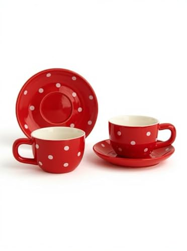 IB Home Juego de 2 tazas de café de lunares rojos y blancos con platillo, tazas de porcelana hechas a mano para té, capuchino espresso y café en un estilo retro. Resistente al calor y apto para