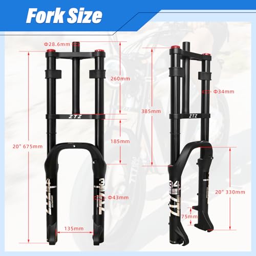 Exceedhub 20 Inch 4.0 Fat Tire Bike Air Suspension Fork - 180mm Travel, 135mm Hub Spacing, Straight Tube MTB Manual Lockout QR 9mm, Double Shoulder Bicycle Front Forks for Fat Snow Beach E-Bike by Exceedhub - Image 2