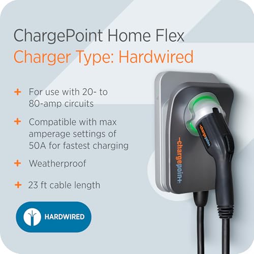 ChargePoint HomeFlex Level 2 EV Charger J1772, Hardwired for Electric Car - Fast Smart Battery Power Charging at Home for Electric Automobile Vehicles