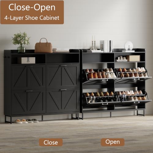 Image of Shoe Cabinet with 4 Flip Drawers, Freestanding Hidden Shoe Storage Organizer for Entryway, Narrow Slim Shoe Rack Cabinet with Open Storage & Hooks for Front Door Entrance, Living Room, Hallway, Black