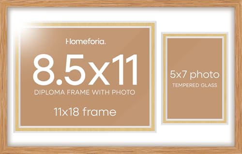 Image of Homeforia 11x18 Diploma Frame with Photo, High End Natural Oak 11 x 18 Certificate Wood Frames with Mat 8.5x11 Diploma and 5x7 Picture, 18x11 Wooden Document Frames, Tempered Glass, Wall Kit, Set of 1